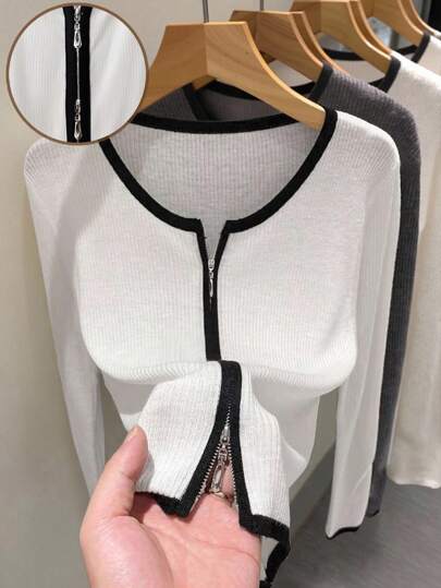 INAWLY 女式黑白罗纹面料拉链轻便开衫，适合秋夏季