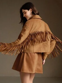 Anewsta Embroidered Tassel Decor Suede Casual Jacket - Brown - View 1