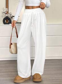 SHEIN EZwear Plus Size Casual Solid Color Drawstring Waist Sweatpants Loose Pants For Women White Lounge Pants - White - View 5