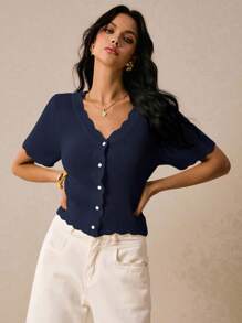 Poéselle Women's Solid Color Curved Hem Short Sleeve Single-Breasted Casual Knit Top,Fall Clothes For Women