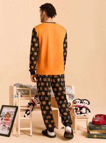 Paul Frank X SHEIN Men's Cartoon Pattern Colorblock Long Sleeve Top And Pants Loungewear Set, Fall Winter Clothes - Orange - View 2