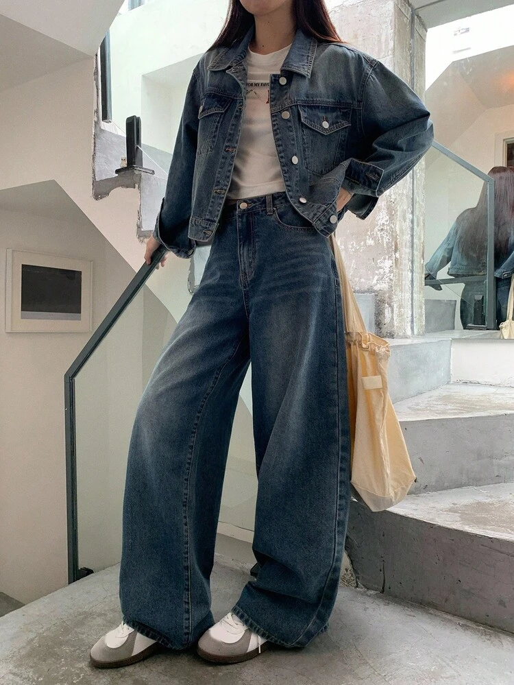 Women's Casual Washed Denim Jacket And Wide Leg Jeans 2 Pieces Set