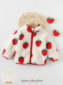 Baby Girl Strawberry Pattern Thermal Lined Thick Long Sleeve Jacket Strawberry Baby Jacket Baby Girl Strawberry Jacket Baby Fleece Jacket Strawberry Print Strawberry Baby Clothes,In Fall/Winter - Red - View 6