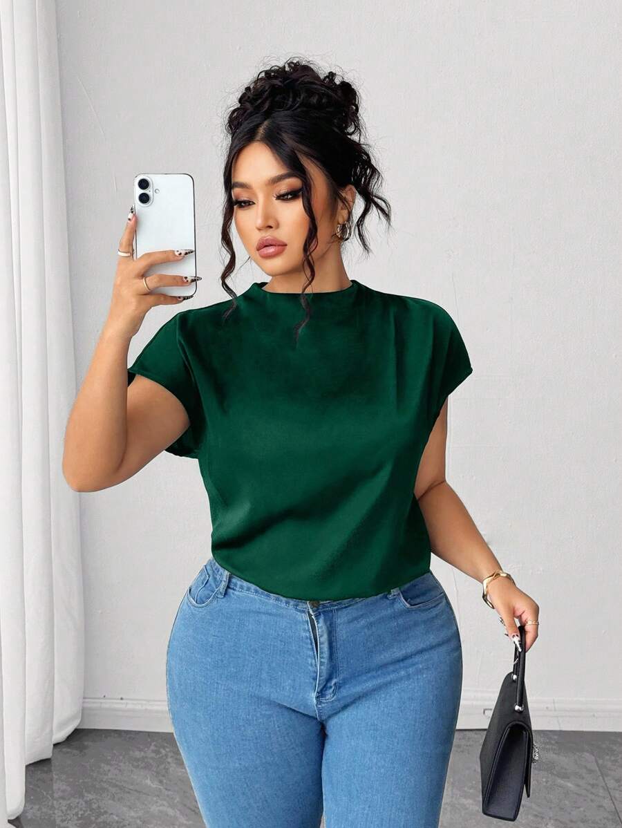 Elenzga 大码女式优雅黑色府绸纯色衬衫，春夏 - 墨綠色 - 查看 1