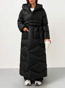 EURMUSE Women Solid Color Belted And Pocket Detailed Long Winter Coats - Black - View 1