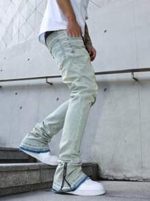 Manfinity EMRG 男士口袋拉链下摆设计紧身休闲牛仔裤 - 淺色水洗藍 - 查看 6