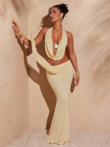 Hauture Conjunto de 2 piezas de top halter con espalda descubierta y falda de cola de pez, para mujer, de verano - Amarillo - Ver 1