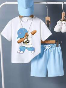 SHEIN 2件組小男孩酷熊印花圓領短袖白色T恤與寬鬆粉色短褲套裝，夏季生日伴郎熊童裝 - 白色 - 查看 2