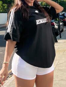 NegzBox Round Neck Striped Side Slit T-Shirt Oversized T-Shirt,Graphic Tees - Black - View 4