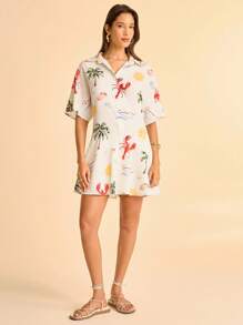 CAJUNI Women's Vacation Shallow Yellow Ocean Element Lobster, Palm Tree, Starfish Printed Shirt Collar Short Sleeve Button Down Waist 2 In 1, Summer Vacation, Date, Party, Beach Printed Jumpsuit