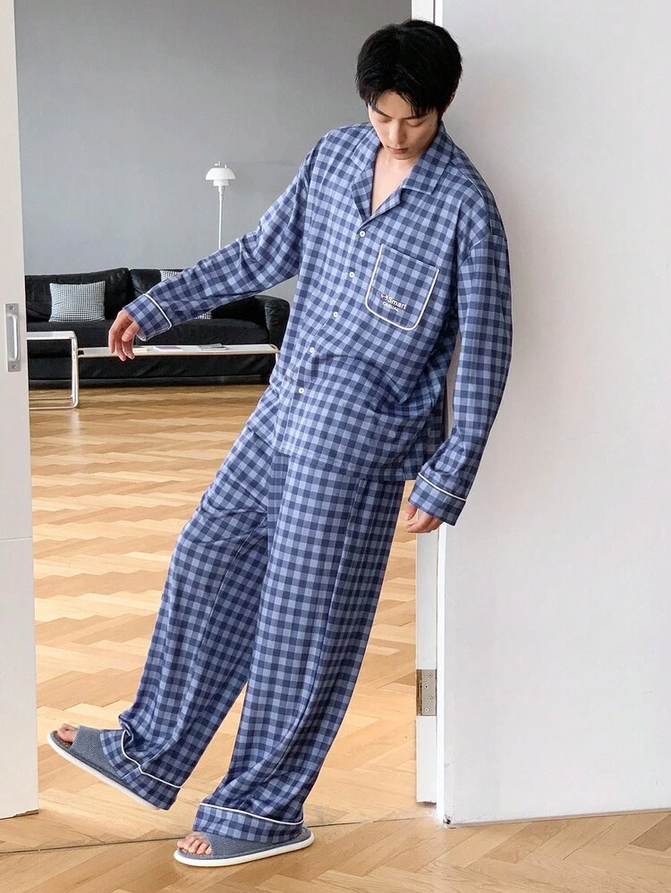 Men's Plaid Blue Pajama Set, Autumn, Fall Clothes