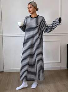 DAZY 宽松条纹长袖睡裙，女士睡衣连衣裙，秋季睡衣，冬季睡衣，宽松睡裙 - 黑色 - 查看 4