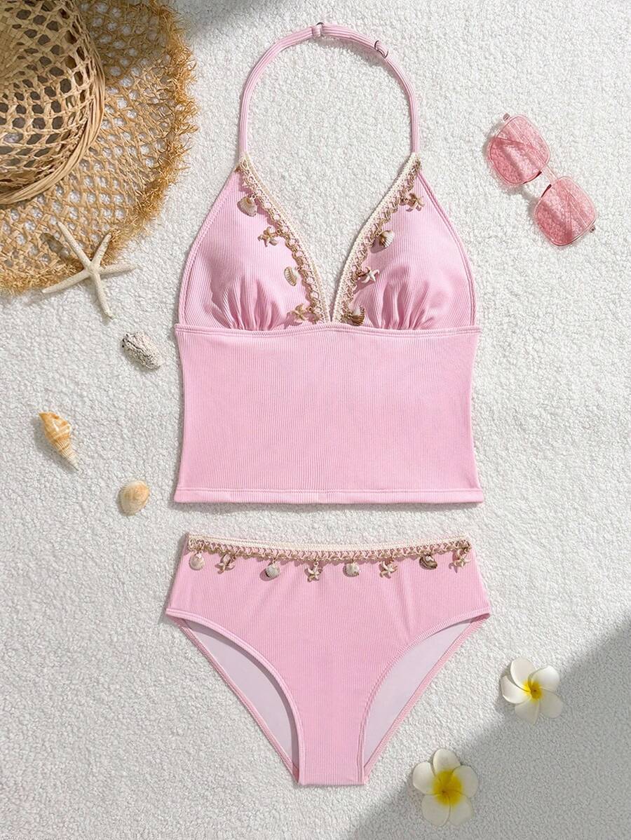 SHEIN Teen Girls Tankinis, Blue Ribbed Fabric, Adjustable Shoulder Straps, Shell & Starfish Decor, Triangle Bottom Bikini 2 Pieces Set Summer Holiday - Pink - View 1