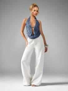 MISSGUIDED Glamorous Sequin Halter Cowl Neck Backless Party Evening Top Club Festival Draped Front Summer Cropped Blouse - Dusty Blue - View 3