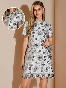 Amorya Women's New Elegant High-End Beaded Embroidery Round Neck H-Line Dress, Suitable For Various Figures, Short Style, Suitable For Party, Daily, Afternoon Tea And Multiple Occasions Sequin Dress Mini Dress Cocktail Dress Party Dress Sequin Dress For Women Christmas