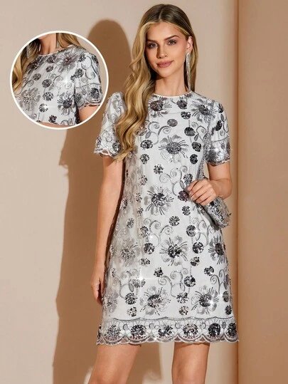 Amorya 女装新款优雅高端串珠刺绣圆领H字连衣裙，适合各种身材，短款，适合派对、日常、下午茶等多种场合