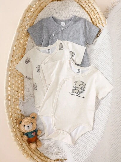SHEIN 3pcs/Set Newborn/Infant Boys/Girls Cute Casual Minimalist Comfortable Soft Breathable Short Sleeve Bodysuit, Adorable Bear Print Pattern, Suitable For Spring, Summer, Autumn, Winter, Daily Wear, Birthday Party, Photography
