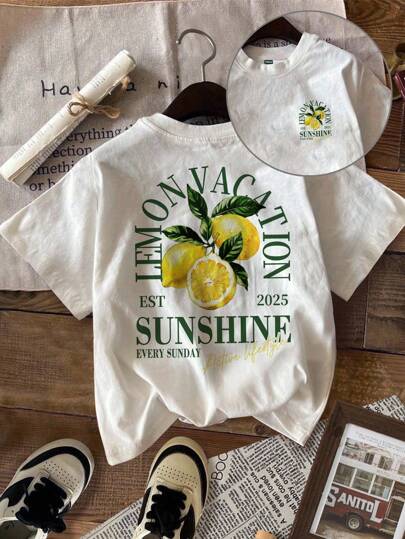 Attitoon 34% Baumwolle Lässig Zitronen-Muster tailliertes Kurzarm Rundhals Damen T-Shirt, geeignet für den Sommer