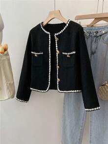 EMERY ROSE Plus Size Elegant Commuter Color Block Trim Black Jacket, High-End Fall Winter Cloth For Women Autumn