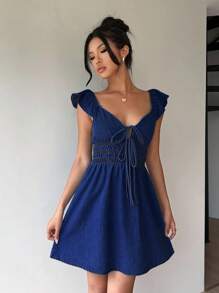 Aloruh 女式可爱牛仔迷你连衣裙，休闲修身，蓝色 - 深色水洗藍 - 查看 7