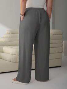 SHEIN EZwear Quần ống rộng cạp rút màu trơn cỡ lớn thường ngày, xuân/hè - Màu xám đen - Xem 2