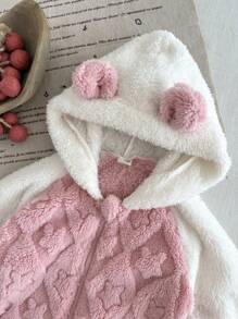 SHEIN 女婴双面羊毛连帽连体衣，可爱休闲装，适合秋冬季日常穿着 - 粉色 - 查看 6