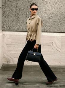 Hanevo Khaki Long Sleeve Belted Collar Women's Regular Jacket Fall Winter Cloth For Women - Khaki - View 5