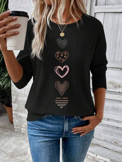 EMERY ROSE Women's Casual Round Neck Drop Shoulder Long Sleeve Heart Print T-Shirt, Autumn Graphic Tees Women Tops For Spring Fall Cloth For Women