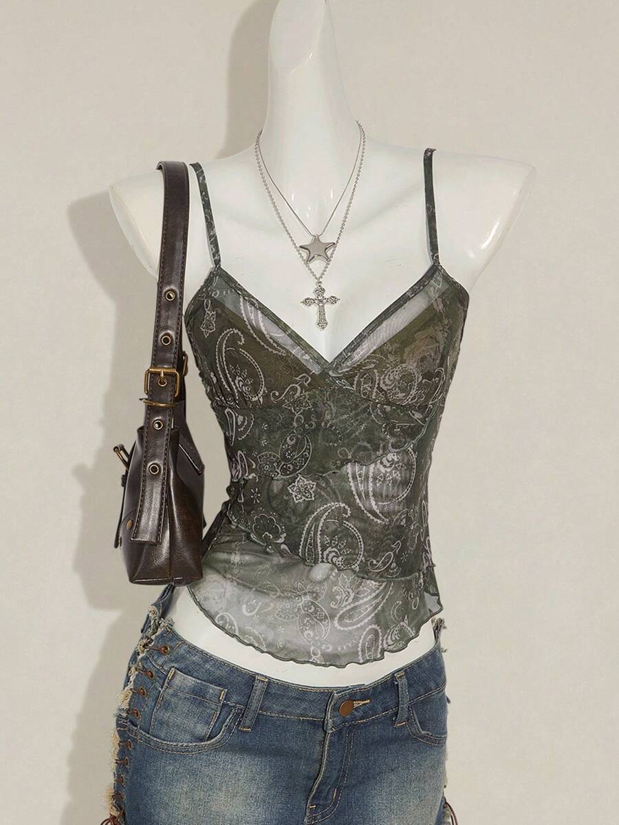 SHEIN ICON 时尚网眼背心，适合夏季佩斯利印花复古背心女款 - 軍綠色 - 查看 1