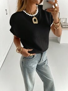 Siren Gaze Áo len dệt kim viền màu tương phản thường ngày dành cho nữ - màu đen - Xem 5