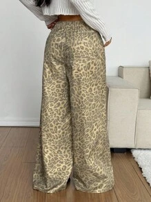 SHEIN EZwear Pantalones anchos y sueltos con estampado de leopardo, moda casual de mujer otoño 2025, para negocios y profesores - Dorado - Ver 2