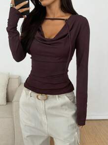 SHEIN EZwear Women's Elegant Night Out Shades Of Brown Solid Cutout Drape Collar Fitted Long Sleeve T-Shirt,Autumn Chocolate Brown Minimalism Goth Tops - Brown - View 5