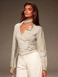 Athîral Áo len nữ kiểu dáng thường ngày, cổ bất đối xứng, thắt nơ, màu xám nhạt, thích hợp mặc đi làm. Áo len nữ màu trung tính, phù hợp cho mùa thu và mùa đông. - Cà phê nâu - Xem 4