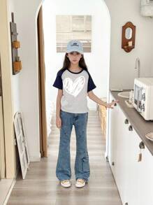 Tween Girls Y2K Style Vintage Washed Denim Jeans, Multi-Pocket Design, Fashion Flare Leg, Side Pocket Patchwork, Autumn New Arrival - Medium Wash - View 7