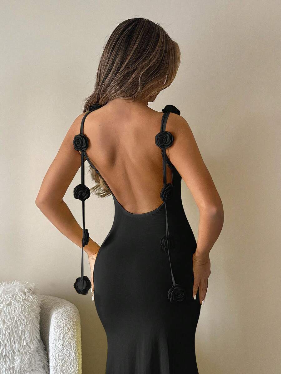 SHEIN ICON Váy Maxi Bodycon hở lưng gợi cảm với họa tiết hoa 3D dành cho nữ - màu đen - Xem 1