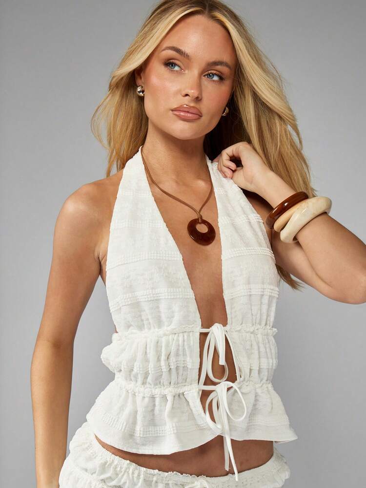 MISSGUIDED Resort Halter Neck Co Ord Set With Ruffle Detail And Drawstring Summer Beach Vacation Holiday Festival Two Piece Outfit