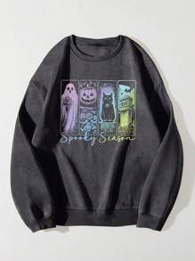 EMERY ROSE Plus Size Halloween Sweatshirt, Plus Size Graphic Long Sleeve Pullover Top, Streetwear Style, Cute Autumn/Winter, Vacation Vibe Fall - Dark Grey - View 3