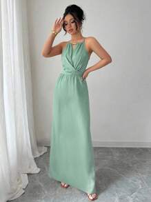 Elenzga 女式春夏优雅休闲卡其色褶皱面料吊带串珠抽绳腰部纽扣长裙 - 綠色 - 查看 6