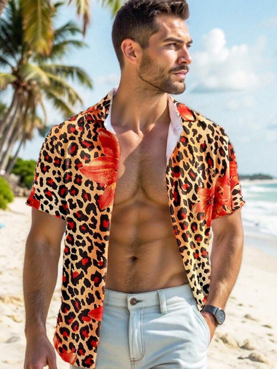 Manfinity VCAY 男士休闲花卉豹纹短袖领梭织衬衫 - 紅色 - 查看 1