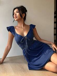 Aloruh 女式可爱牛仔迷你连衣裙，休闲修身，蓝色 - 深色水洗藍 - 查看 5