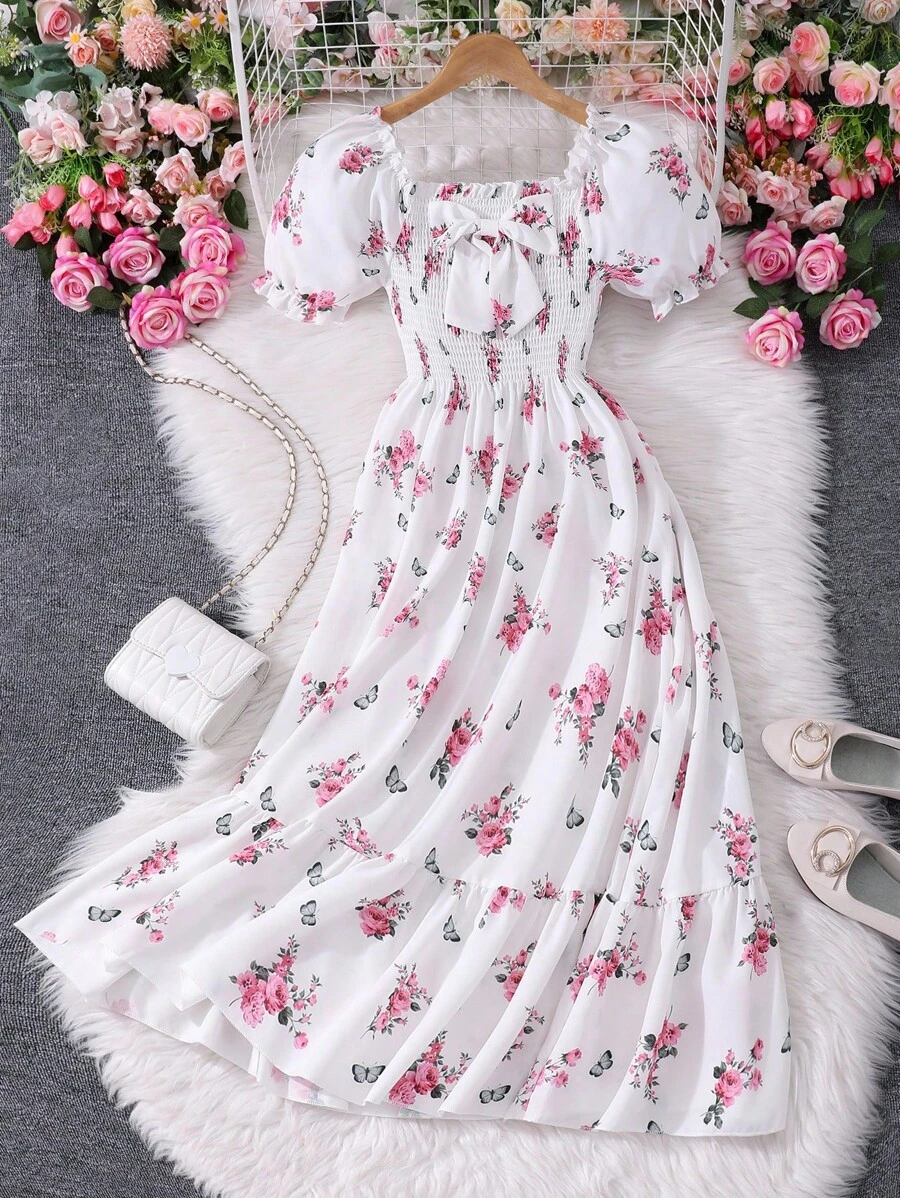 Sparklyn Tween Girls White Floral Midi Dress With Puff Sleeves And Flounce Hem - White - View 1