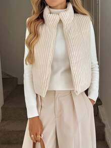 Easowa 女士休闲棉背心夹克，带口袋的灯芯绒面料，杏色，秋冬