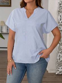 SHEIN PETITE CURVE Große Größen Sommer Lässig gestreiftes Hemd mit Kerbe-Ausschnitt - Blau-Weiß - Übersicht 7