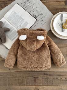 SHEIN Baby Boy Infant Toddler 0-3 Years Old Warm Fleece Flannel Khaki Beige Long Sleeve Hooded Jacket, Suitable For Outdoor Wear, Autumn/Winter Fall