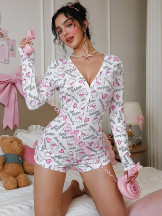 PetitDoll PetitDoll Cute Cartoon Print Long Sleeve Women Pajama Jumpsuit