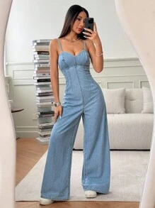 SHEIN PETITE Mono de mezclilla lavado casual de verano - Lavado ligero - Ver 3