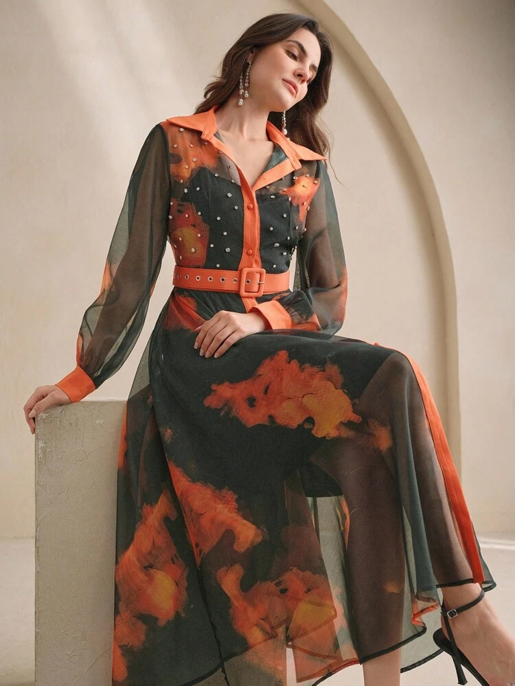Elegant Waist-Cinched Long Sleeve Floral Print Stand Collar Midi Dress