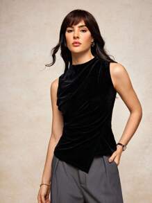 House of One Black Mock Neck Ruched Drape Sleeveless Top Women Elegant Casual Old Money Fall Clothes Top Fall Outfits Business Professional Women Business Casual Woman