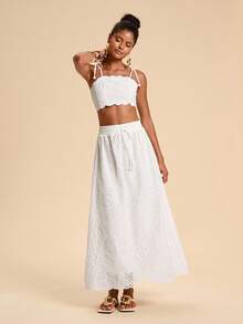 Travachic Damen-Set mit kurzem Camisole und Minirock mit bogenförmigem Saum und Stickerei, zweiteiliges Set für den Sommerurlaub, Damen-Rock-Set, weißes Ösen-Zweiteiler-Set, Ösen-Rock-Set, Urlaubs-Outfits für Damen, Sommer-Frühlings-Rock-Sets, zweiteiliges Rock-Set - Weiss - Übersicht 6