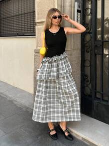 SHEIN EZwear Cotton Y2k Streetwear Color Block Strapless Check Ruffles Trim Sleeveless Women Long Dress,Fall Outfits For Women,Back To School,Boho Women Clothing - Multicolor - View 1